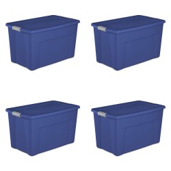 35 Gallon Latch Tote Plastic Container, Stackable Storage Bin with Latching Lid, Stadium Blue, Set of 4