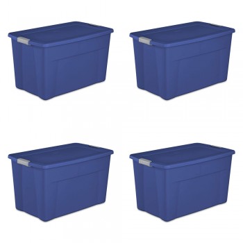 35 Gallon Latch Tote Plastic Container, Stackable Storage Bin with Latching Lid, Stadium Blue, Set of 4